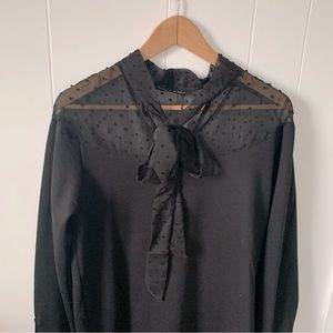 Zara black sweater dress tie front sheer dot NWT